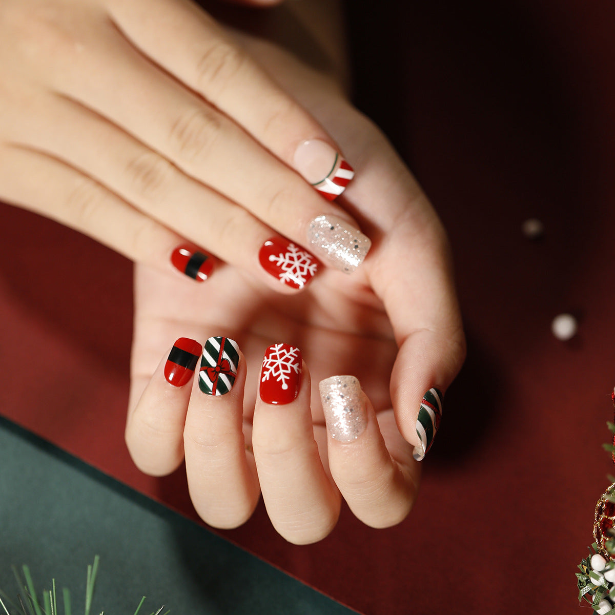 Festive Holiday Charm Short Square Red and White Glitter Press On Nail Set with Snowflake Accents