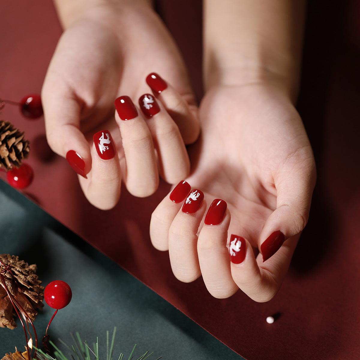 Winter Elegance Short Length Square Burgundy Press-On Nails with Snowflake Accents