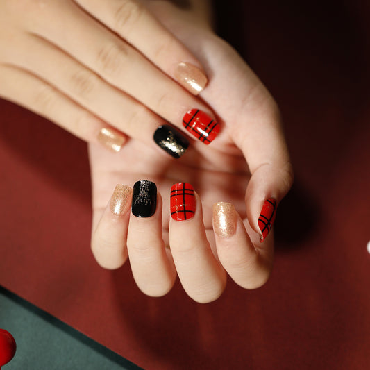 Trendsetter Tartan Short Square Black Red and Gold Press On Nail Set with Glitter Accents