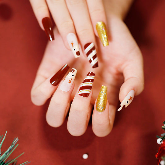 Festive Holiday Spirit Long Coffin Shape Press On Nail Set in Maroon, White, and Glitter Gold with Reindeer Accents