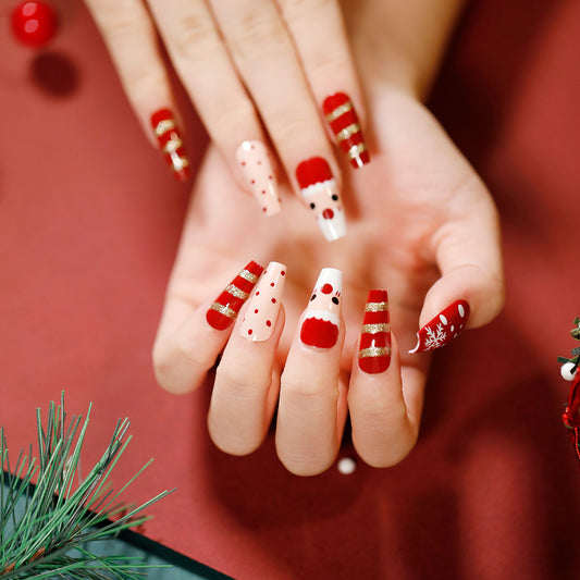 Festive Holiday Glamour Long Coffin Red Press On Nail Set with Glitter Accents and Snowflake Designs