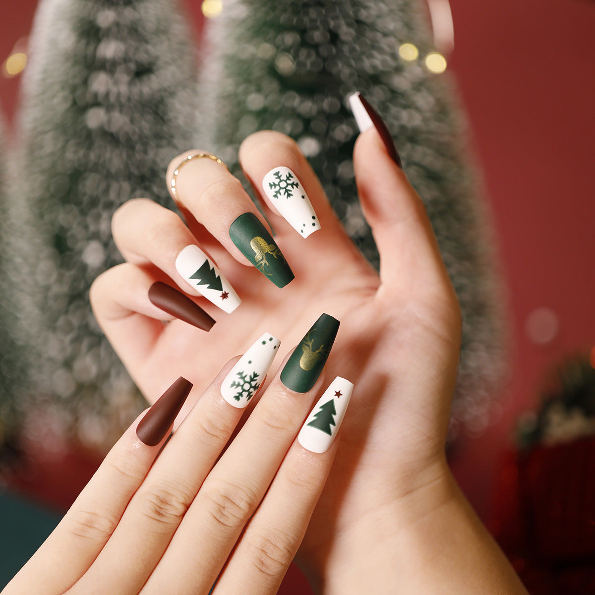 Winter Wonderland Long Coffin Green and White Press On Nail Set with Festive Holiday Designs