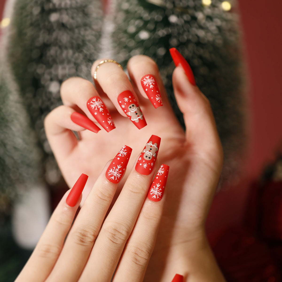 Festive Winter Wonderland Long Coffin Red Press On Nails with Snowflake and Reindeer Accents