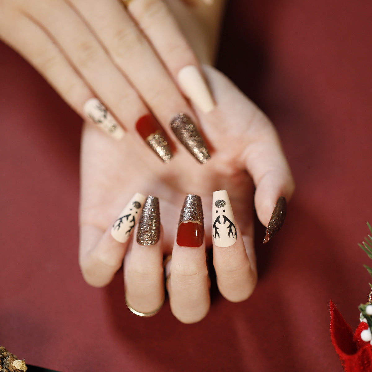 Festive Elegance Long Coffin-Shaped Press on Nail Set in Burgundy and Glitter with Reindeer Accents