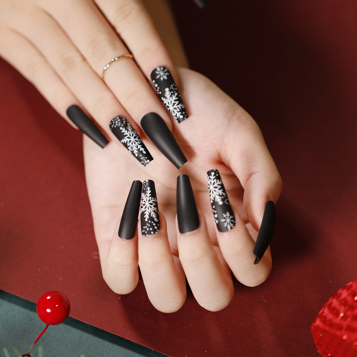 Winter Wonderland Long Coffin Black Press On Nails with Snowflake Accents