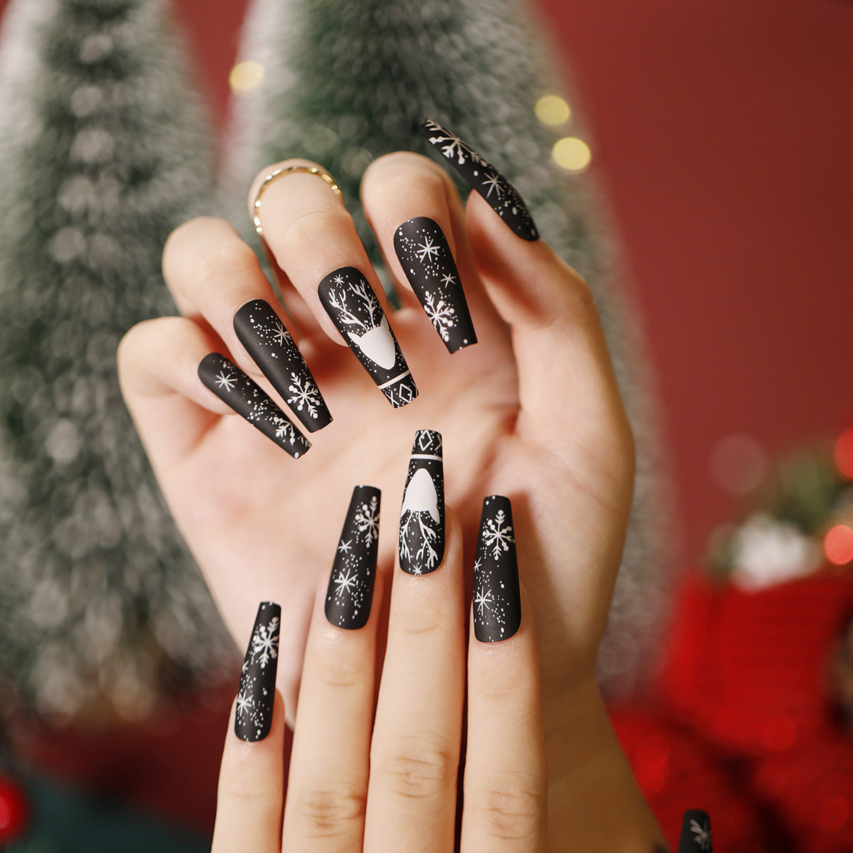 Winter Wonderland Extra Long Coffin Black Press On Nail Set with Snowflake Accents