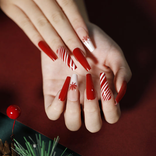 Candy Cane Kiss Long Coffin Red and White Press On Nail Set with Snowflake Accents