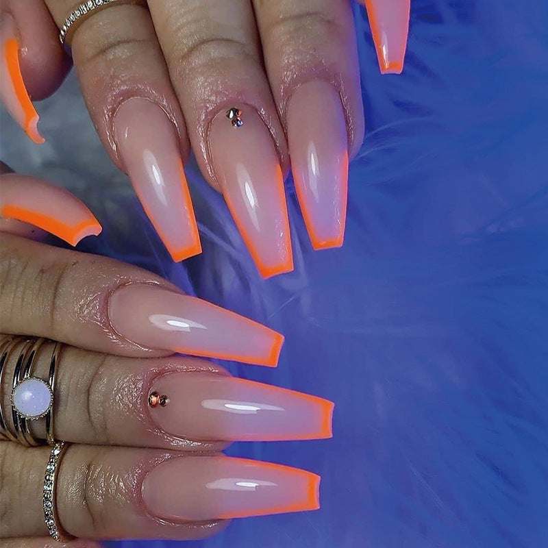 Sunset Glow Long Coffin Orange OmbrŽ Press On Nail Set with Rhinestone Accents