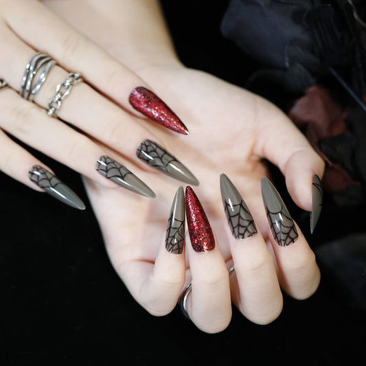 Gothic Glamour Long Stiletto Black and Red Glitter Web Design Press On Nail Set