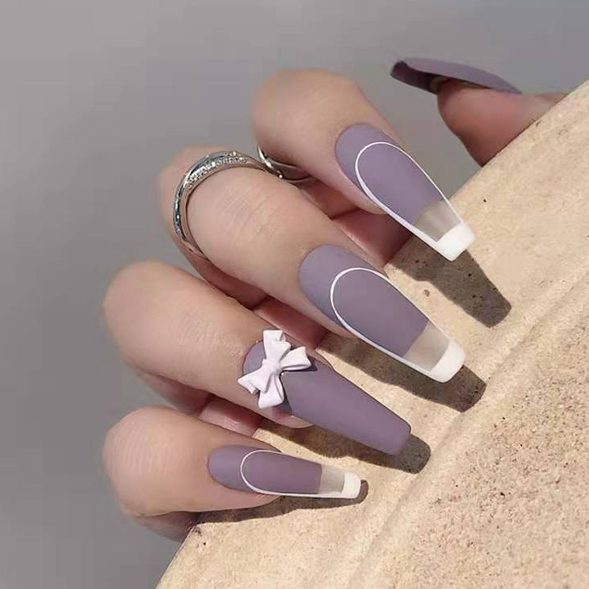 Fiorentina Long Coffin Purple Bow Press On Nails