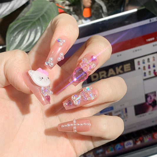 Cute Kitty Long Coffin Beige Cute Press On Nails