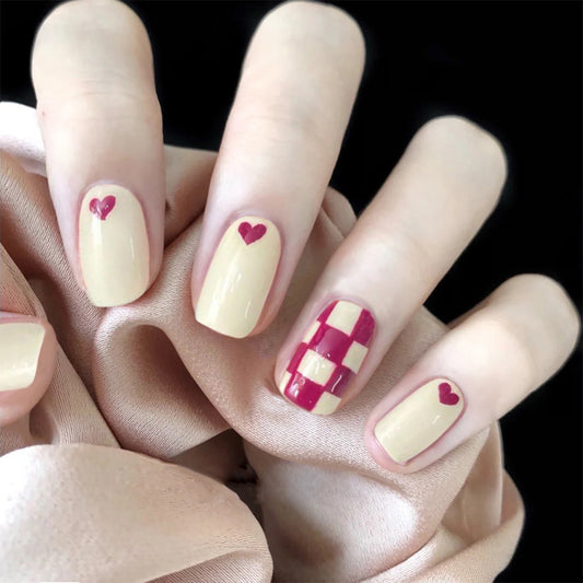 Playing Love Chess Short Square Red Checkered Press On Nails