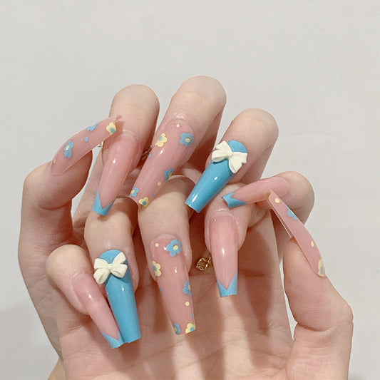 Flower Power Forever Long Coffin Blue Cute Press On Nails