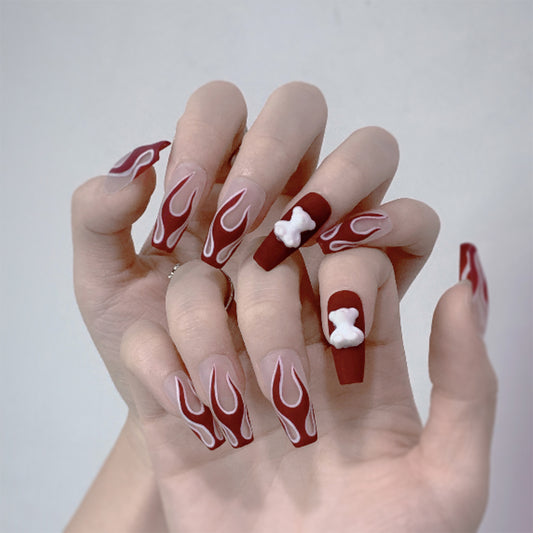 Sculpted Teddy Long Coffin Red Flames Press On Nails