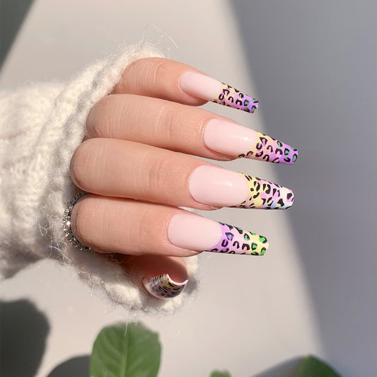 Safari Escape Extra Long Coffin Pink Press On Nails with Colorful Leopard Print Tips