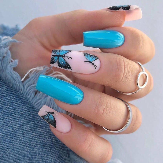 Bubblegum Butterfly Long Coffin Blue Spring Press On Nails