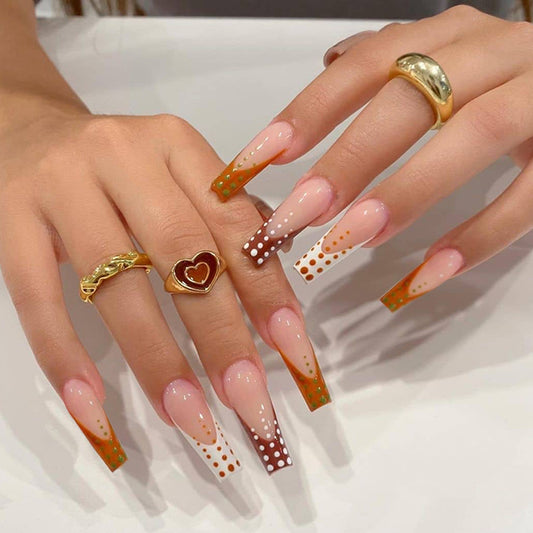 Polka Dot Passion Long Coffin Beige Pattern Press On Nails