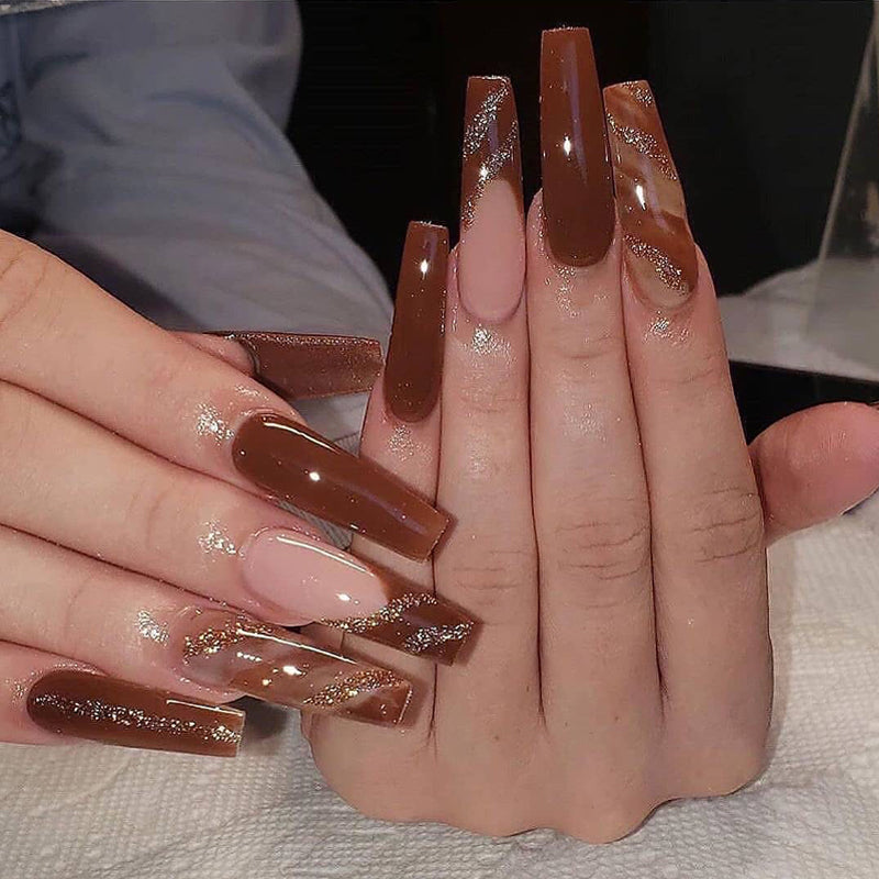 Glassy Glossy Long Square Brown Fall Press On Nails