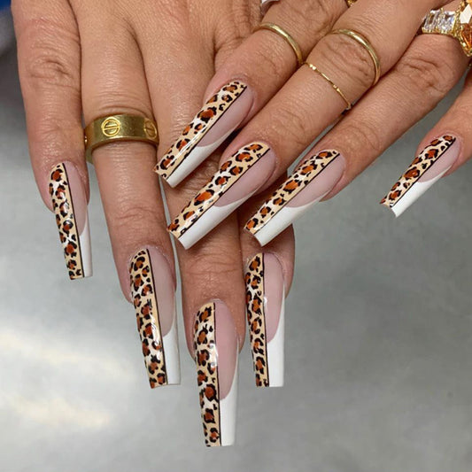 Queen of The Jungle Long Coffin Brown Leopard Press On Nails