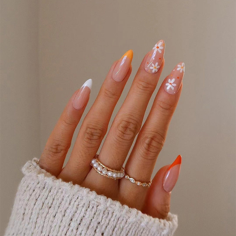 Flower Girl Long Oval Orange Floral Press On Nails