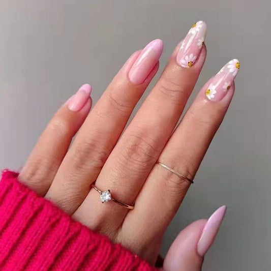 Spring Blossom Extra-Long Oval Baby Pink Press On Nails with Delicate Floral Accents