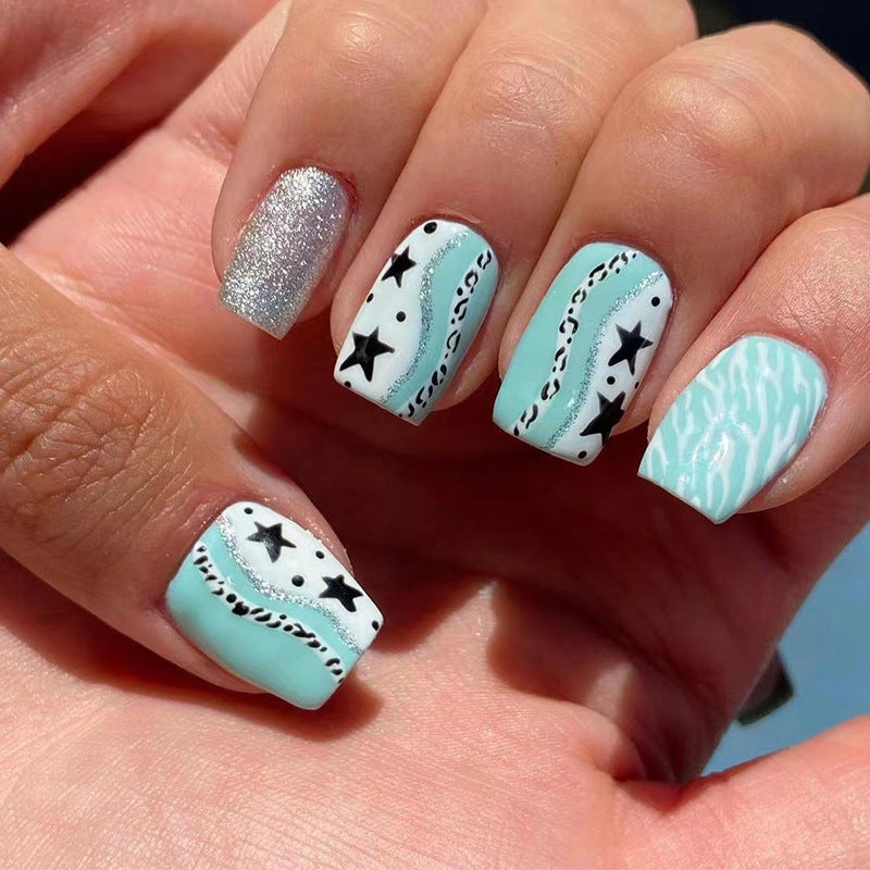 Starry Nights Collection Long Square Aqua and Sparkling Silver Press-On Nail Set with Star Accents and Wave Patterns