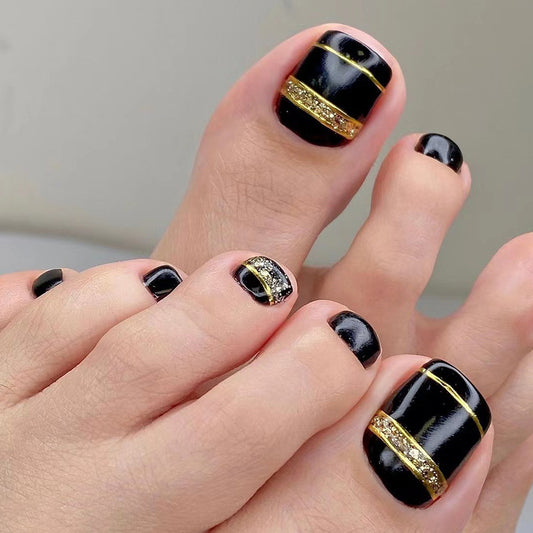 Midnight Elegance Short Round Black Press On Toenails with Gold Glitter Accents