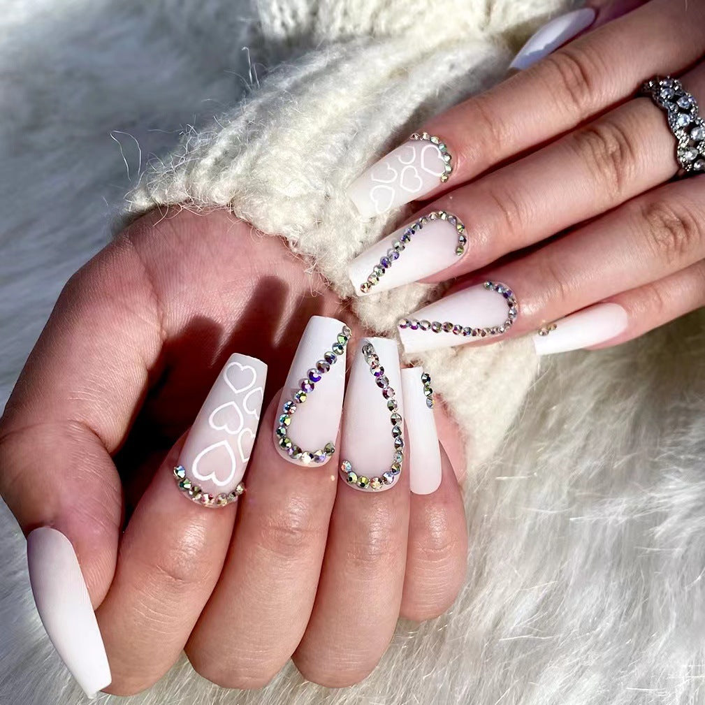 Elegant Bridal Medium Coffin White Press On Nail Set with Rhinestone Accents