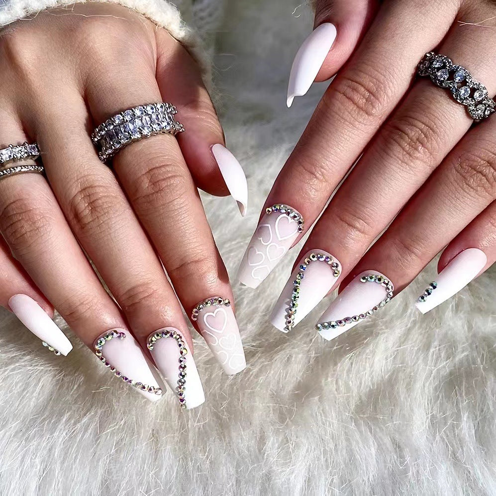 Romantic Glamour Medium Coffin White Press On Nail Set with Rhinestone Accents and Heart Design