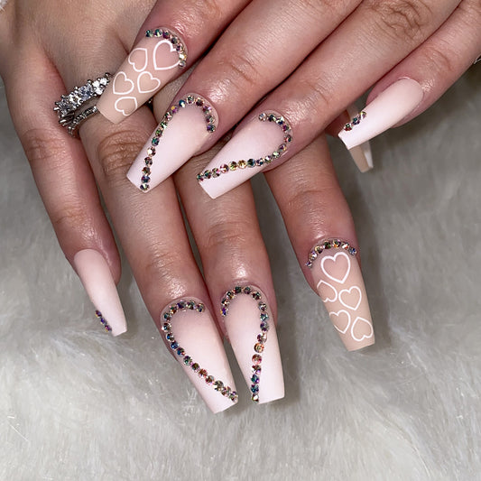 Enchanted Elegance Medium Coffin Pale Pink Press On Nail Set with Rhinestone Accents and Heart Designs