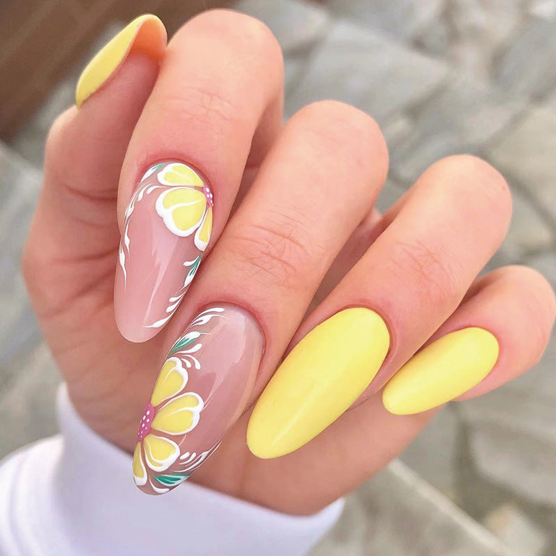 Spring Blossom Long Almond Pink and Yellow Press On Nail Set with Floral Accents