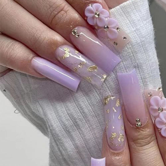 Spring Blossom Long Square Lavender Press On Nail Set with 3D Flower Accents and Gold Flakes