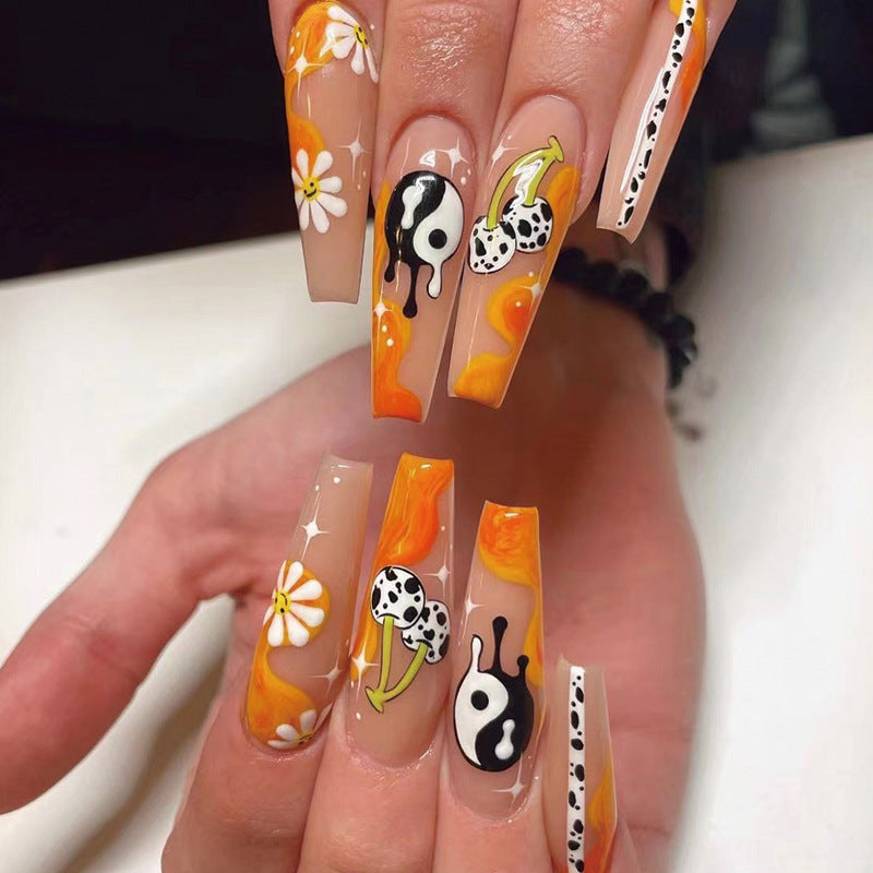 Summer Splash Long Coffin Orange Flame and Daisy Design Press On Nail Set with Artistic Yin Yang Accents