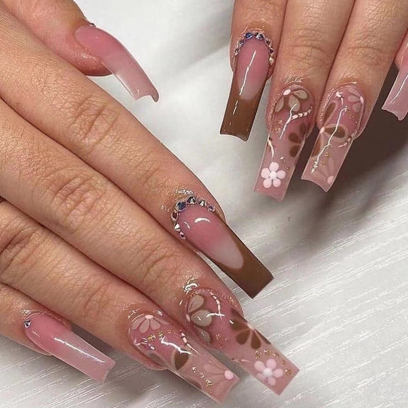 Cherry Blossom Elegance Long Coffin Ombre Pink Press on Nail Set with Floral Art Embellishments