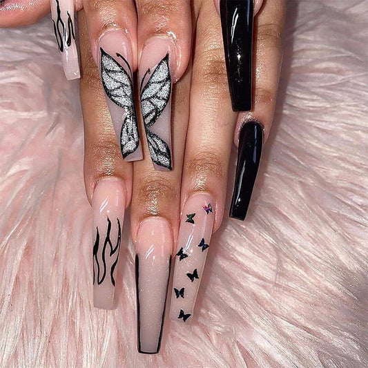 Butterfly Dreams Extra-Long Coffin Press on Nail Set in Black and Beige with Butterfly Accents