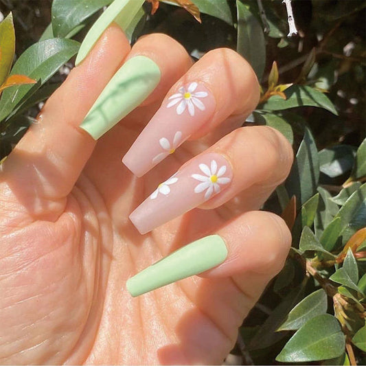 Spring Blossom Extra Long Coffin Press On Nails in Ombre Green with Hand Painted Daisy Design