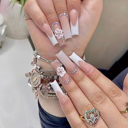 Elegant Floral Fantasy Long Square Pink and White Press On Nail Set with Rhinestone Accents and 3D Flower Charms