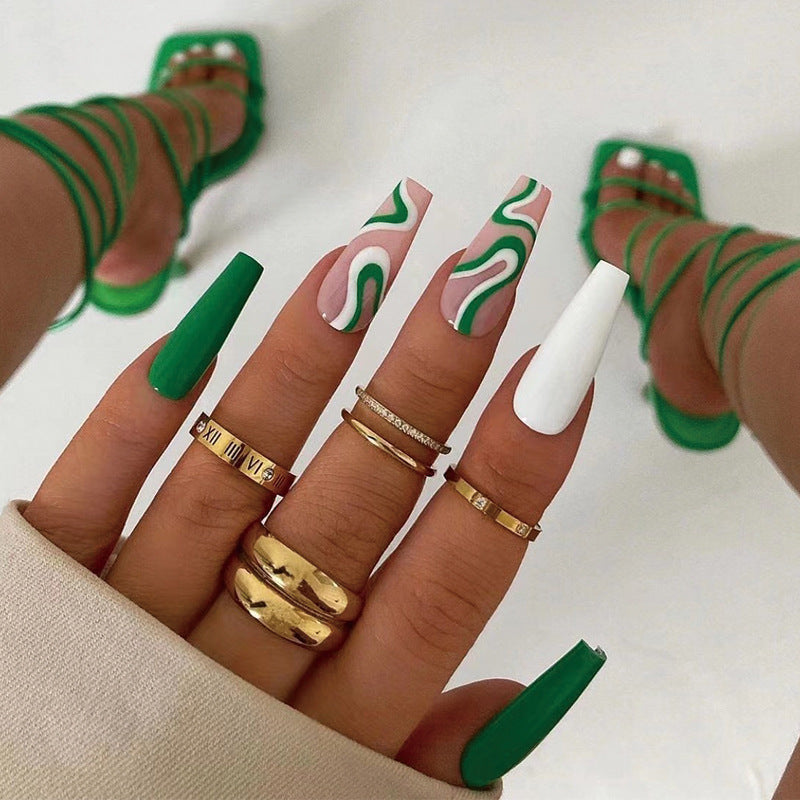 Emerald Elegance Extra Long Coffin Shape White and Green Swirl Design Press On Nail Set