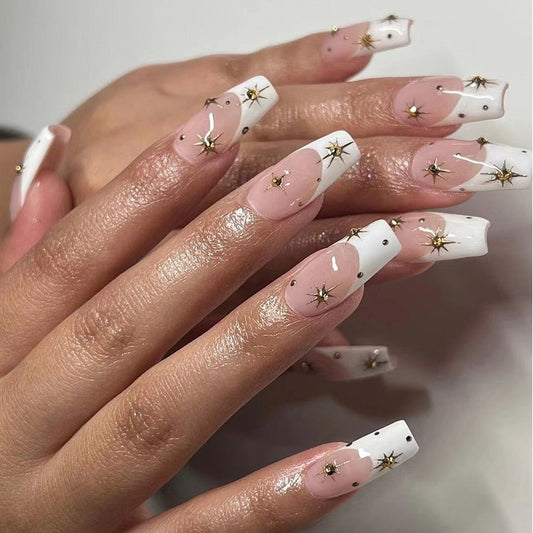 Starry Night Medium Square Pink and White Ombre Press On Nail Set with Gold Star Accents