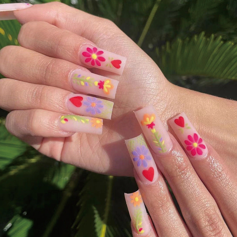 Spring Blossom Collection Long Square Pastel Pink Floral Hand Painted Press on Nail Set