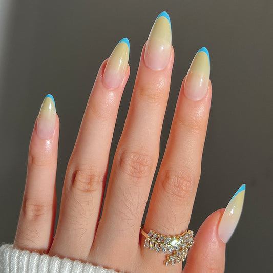 Ocean Breeze Long Stiletto Sky Blue French Tip Press On Nail Set with Clear Gradient Design