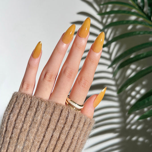 Tropical Sunset Long Almond Mustard Yellow Press On Nails with Gold Accents