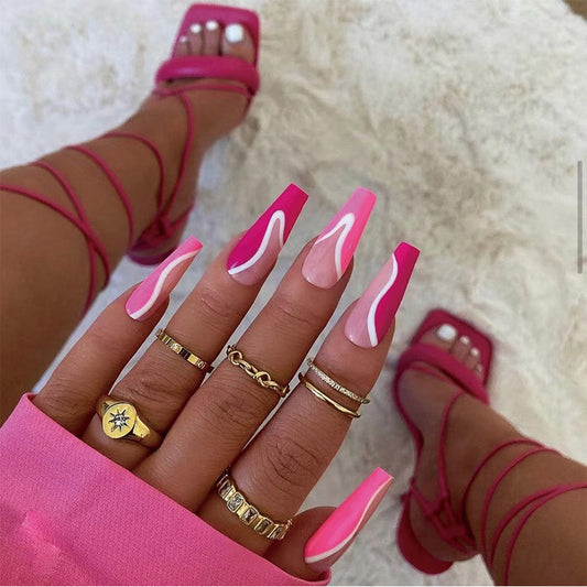 Fashionista's Long Coffin Hot Pink and White Swirl Press On Nail Set Perfect for Bold Style Statements