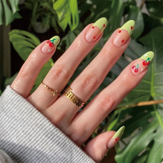 Garden Party Long Almond Green and Red Cherry Design Press On Nail Set