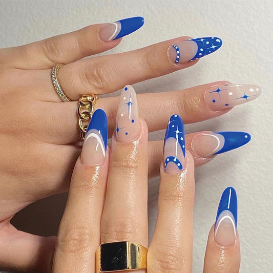 Starry Night Elegance Long Almond Royal Blue and Beige Press On Nail Set with Crescent Moon and Star Accents