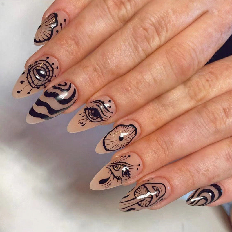 Surrealist Swirls Medium Almond Beige Press On Nails with Black Artistic Line Designs