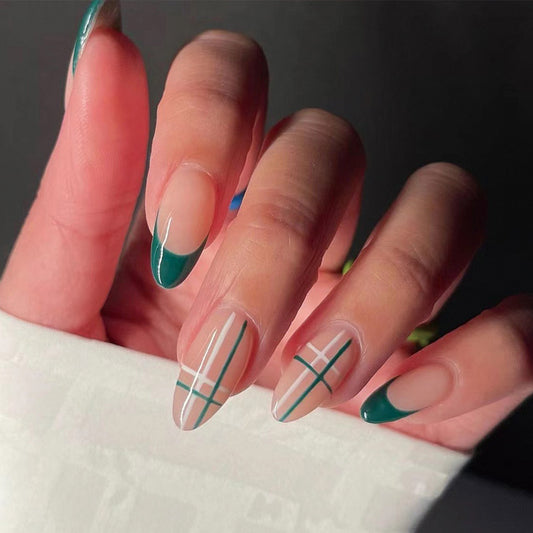 Elegant Affair Long Almond Plaid French Tip Press on Nail Set in Green and White with Geometric Accent