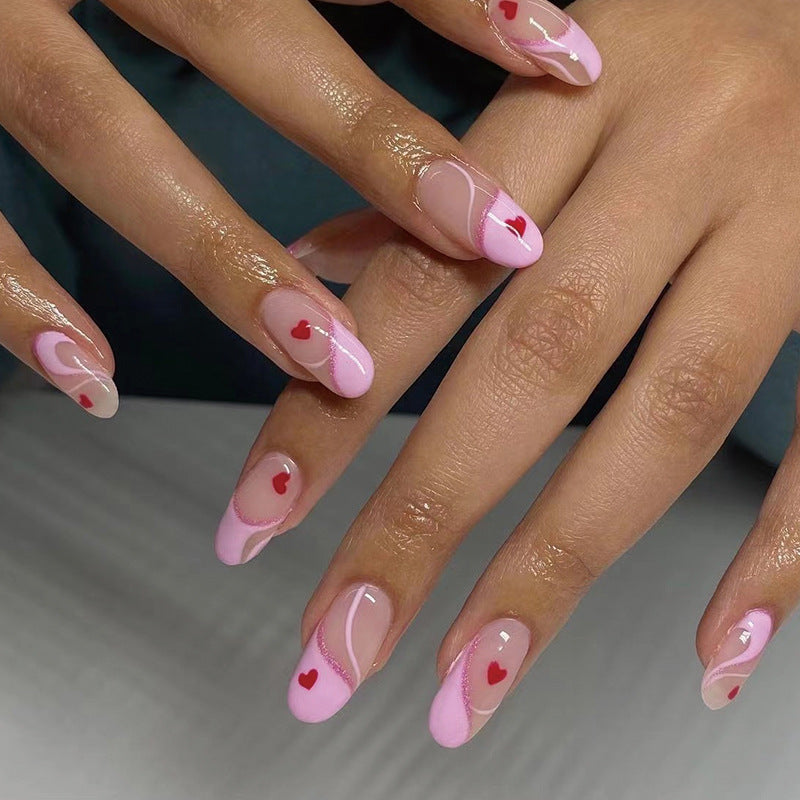 Valentines Romance Long Oval Pink Press On Nail Set with Heart Accents and Glossy Finish