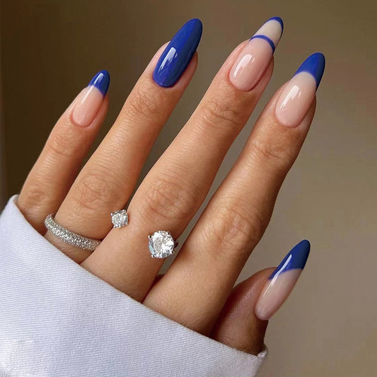 Elegant Evening Long Oval-Shaped Blue and Beige Ombre Press-On Nail Set with French Tip Design