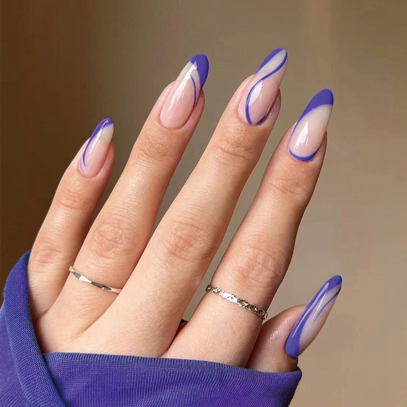 Elegant Lavender Swirl Long Almond Press On Nail Set, Purple Sheer Gradient with Artistic Line Accent